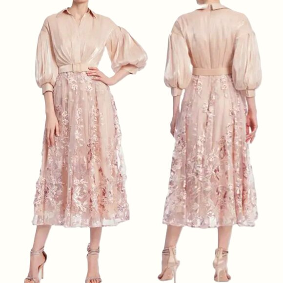 Badgley Mischka Shimmer Floral-Embroidered Belted Midi Shirtdress Blush 4 $850